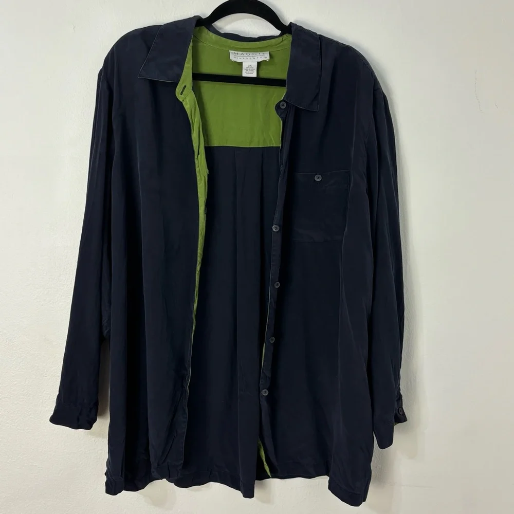 Vtg Maggie McNaughton‎ Womens Silk Navy Green Buttoned Long Sleeve Tunic Top 3X - Picture 7 of 11